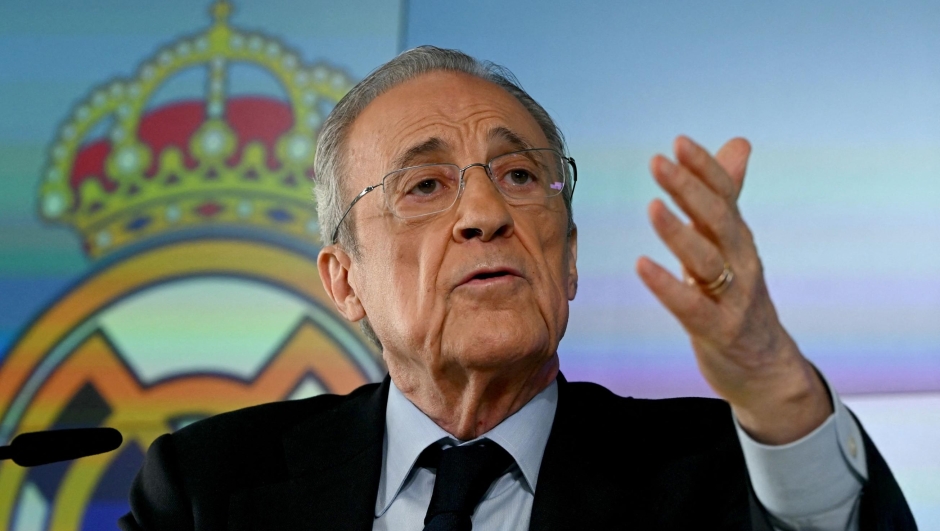 TOPSHOT - Real Madrid President Florentino Perez talks to media at Real Madrid Sports City in Valdebebas, in the outskirts of Madrid, on May 12, 2026. Real Madrid president Florentino Perez calls club elections, will stand again, AFP reports on May 12, 2026. (Photo by JAVIER SORIANO / AFP)