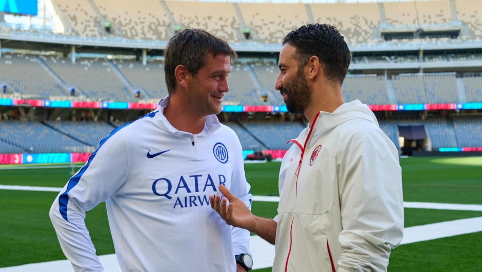  Ruben Amorim Head Coach of AC Milan and Cristian Chivu Head Coach of FC Internazionale during the press conference to present the friendly match between AC Milan and FC Internazionale at Optus Stadium on August 04, 2026 in Perth, Australia. (Photo by Francesco Scaccianoce - Inter/Inter via Getty Images)