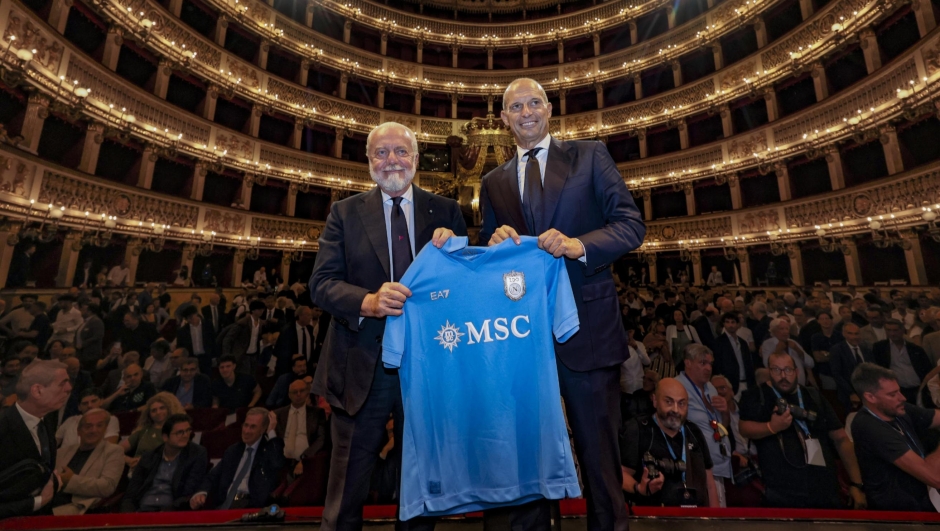 Naples, July 14, 2026. Press conference at the San Carlo Theater to present the new SSC Napoli coach, Massimiliano Allegri, pictured with club president Aurelio De Laurentiis. 
(Photo by Alessandro Garofalo/LaPresse)