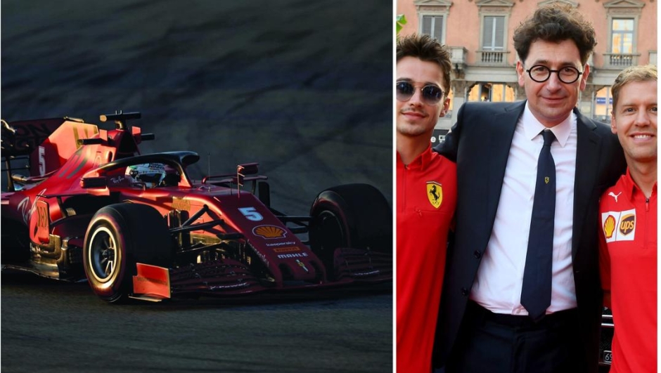 La Ferrari numero 5 di Vettel. A destra, Leclerc, Binotto e Vettel.