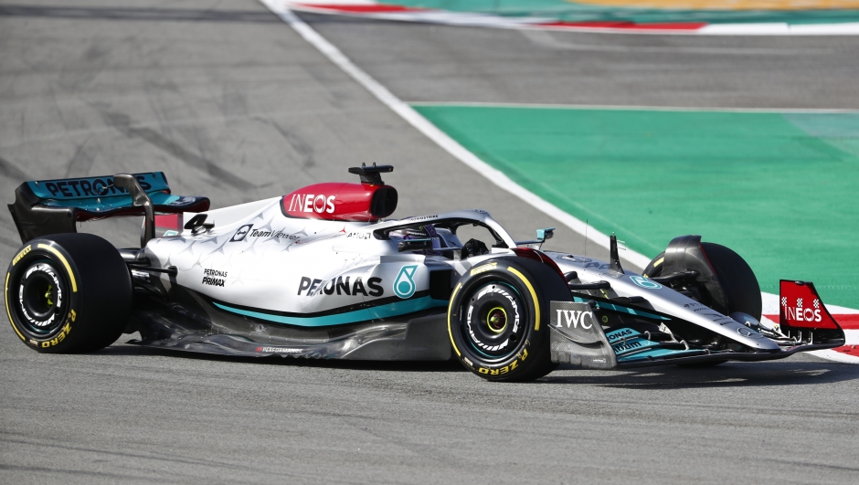 Mercedes driver Lewis Hamilton of Britain steers his car during a Formula One pre-season testing session at the Catalunya racetrack in Montmelo, just outside of Barcelona, Spain, Wednesday, Feb. 23, 2022. (AP Photo/Joan Monfort)
