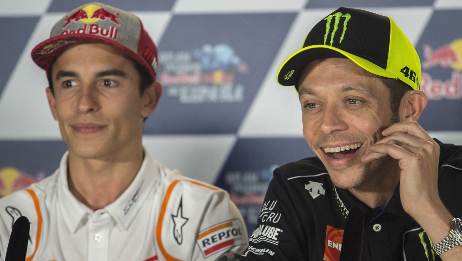 JEREZ DE LA FRONTERA, SPAIN - MAY 02: Valentino Rossi of Italy and Yamaha Factory Racing (R) speaks and Marc Marquez of Spain and Repsol Honda Team looks on during a press conference prior to the MotoGp of Spain at Circuito de Jerez on May 02, 2019 in Jerez de la Frontera, Spain. (Photo by Mirco Lazzari gp/Getty Images)