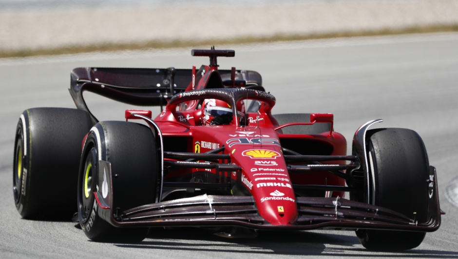 Ferrari driver Charles Leclerc of Monaco steers his car during practice session at the Barcelona Catalunya racetrack in Montmelo, Spain, Friday, May 20, 2022. The Formula One race will be held on Sunday. (AP Photo/Joan Monfort)