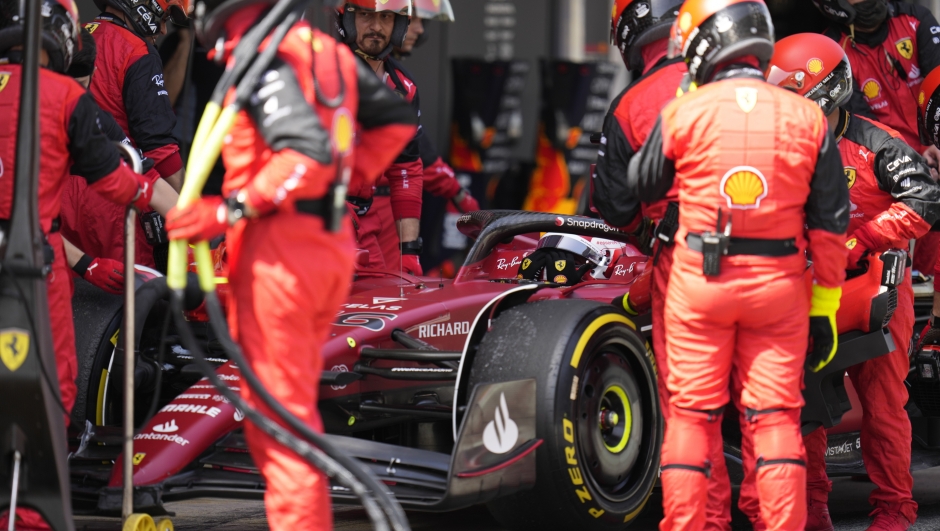Ferrari driver Charles Leclerc of Monaco gets a pit service during the Spanish Formula One Grand Prix at the Barcelona Catalunya racetrack in Montmelo, Spain, Sunday, May 22, 2022. (AP Photo/Pool/Manu Fernandez)