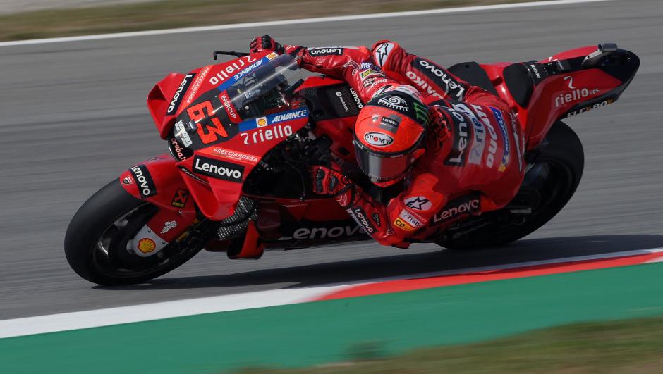 Ducati Italian rider Francesco Bagnaia rides during the third MotoGP free practice session of the Moto Grand Prix de Catalunya at the Circuit de Catalunya on June 4, 2022 in Montmelo on the outskirts of Barcelona. (Photo by LLUIS GENE / AFP)