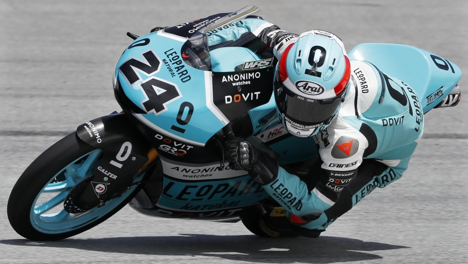 epa09994009 Japanese Moto3 rider Tatsuki Suzuki of the Leopard Racing team in action during the free practice session of the Motorcycling Grand Prix of Catalonia at Montmelo racetrack, near Barcelona, Spain, 03 June 2022. The Motorcycling Grand Prix of Catalonia will take place on 05 June 2022.  EPA/Andreu Dalmau