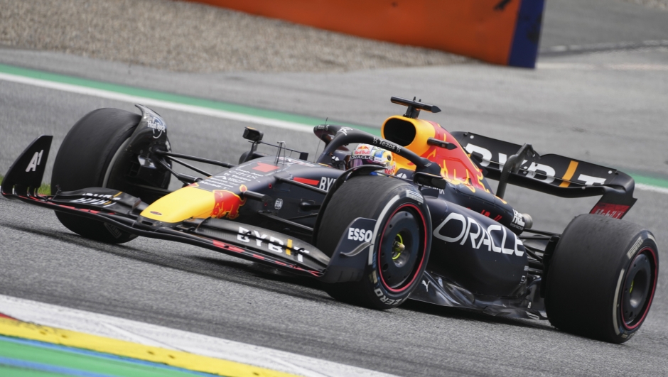 Red Bull driver Max Verstappen of the Netherlands steers his car during the Austrian F1 Grand Prix at the Red Bull Ring racetrack in Spielberg, Austria, Sunday, July 10, 2022. (AP Photo/Matthias Schrader)