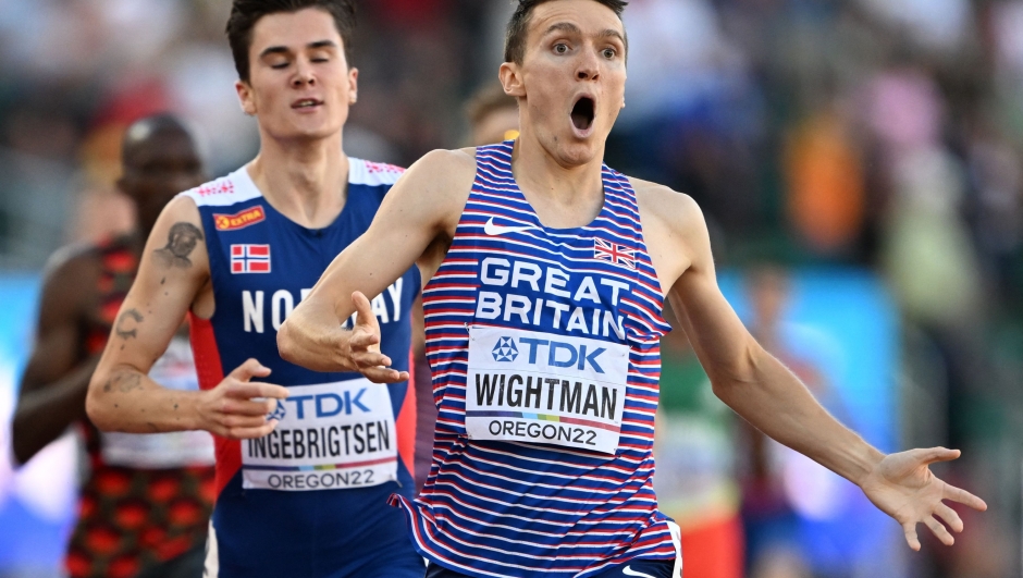 Britain's Jake Wightman reacts after winning the men's 1500m final during the World Athletics Championships at Hayward Field in Eugene, Oregon on July 19, 2022. (Photo by Jewel SAMAD / AFP)