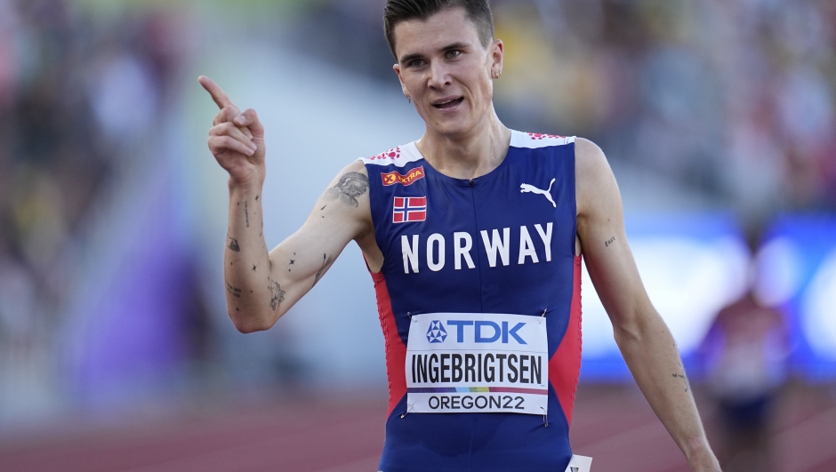 Jakob Ingebrigtsen, of Norway, reacts after winning the final in the men's 5000-meter run at the World Athletics Championships on Sunday, July 24, 2022, in Eugene, Ore.(AP Photo/Ashley Landis)