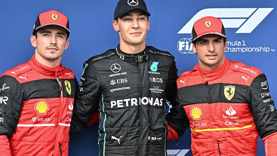 Da sinistra Leclerc, Russell e Sainz. AFP