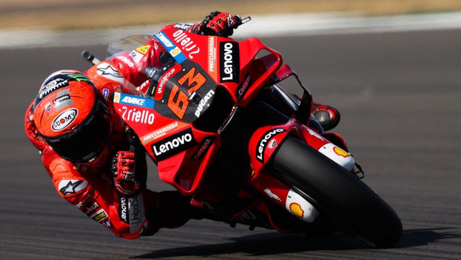 Ducati Lenovo's Italian rider Francesco Bagnaia takes part in the third MotoGP free practice session of the British Grand Prix at Silverstone circuit in Northamptonshire, central England, on August 6, 2022. (Photo by ADRIAN DENNIS / AFP)