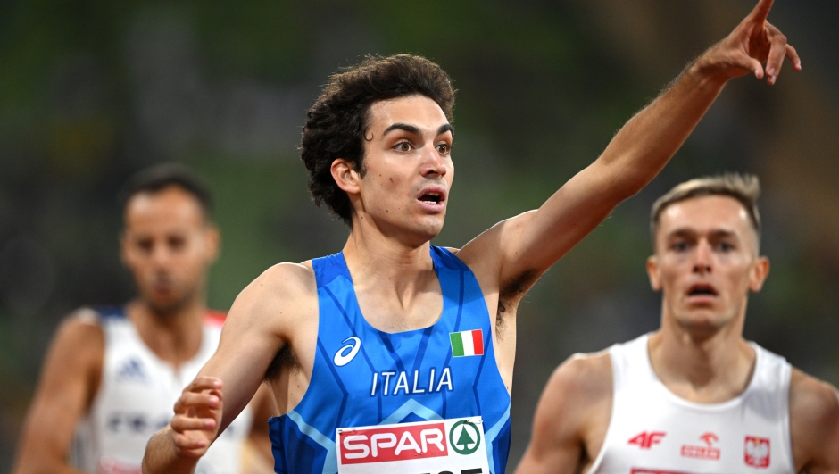 MUNICH, GERMANY - AUGUST 15: Pietro Arese of Italy reacts as he crosses the finish line in the Men's 1500m Round 1 - Heat 2 during the Athletics competition on day 5 of the European Championships Munich 2022 at Olympiapark on August 15, 2022 in Munich, Germany. (Photo by Matthias Hangst/Getty Images)