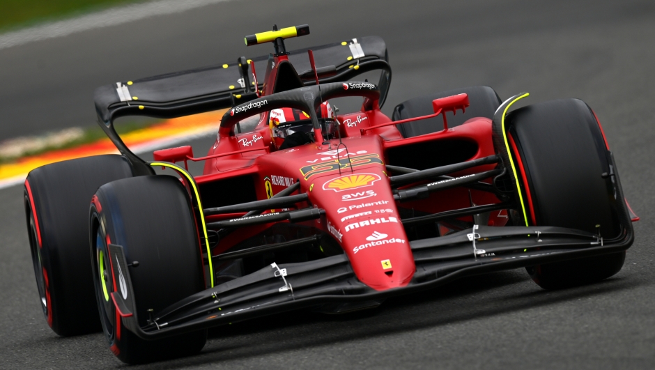 SPA, BELGIUM - AUGUST 26: Carlos Sainz of Spain driving (55) the Ferrari F1-75 on track during practice ahead of the F1 Grand Prix of Belgium at Circuit de Spa-Francorchamps on August 26, 2022 in Spa, Belgium. (Photo by Dan Mullan/Getty Images)