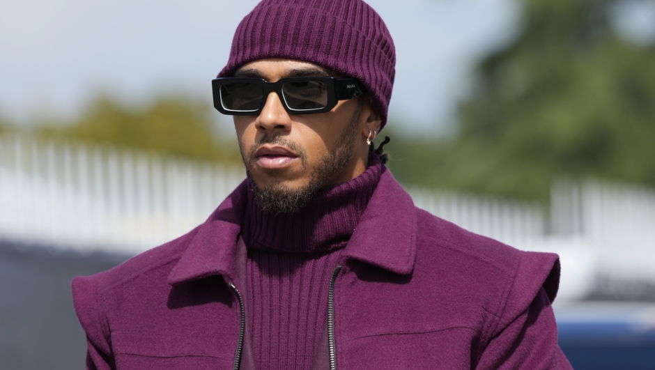 Mercedes driver Lewis Hamilton of Britain arrives at the Monza racetrack, in Monza, Italy, Thursday, Sept. 8, 2022. The Formula one race will be held on Sunday. (AP Photo/Luca Bruno)