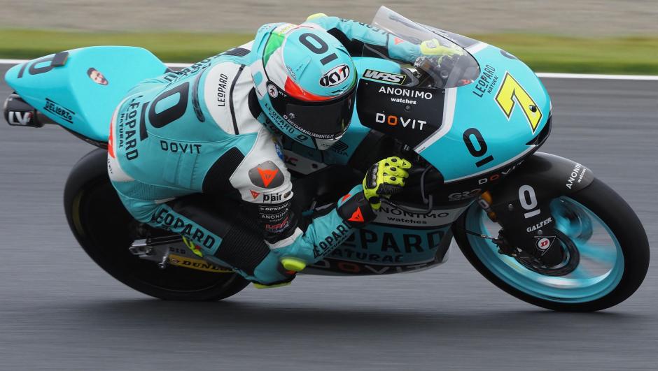 Leopard Racing rider Dennis Foggia of Italy rides his motorcycle during the Moto3 class free practice 1 of MotoGP Japanese Grand Prix at the Twin Ring Motegi circuit in Motegi, Tochigi prefecture on September 23, 2022. (Photo by Toshifumi KITAMURA / AFP)