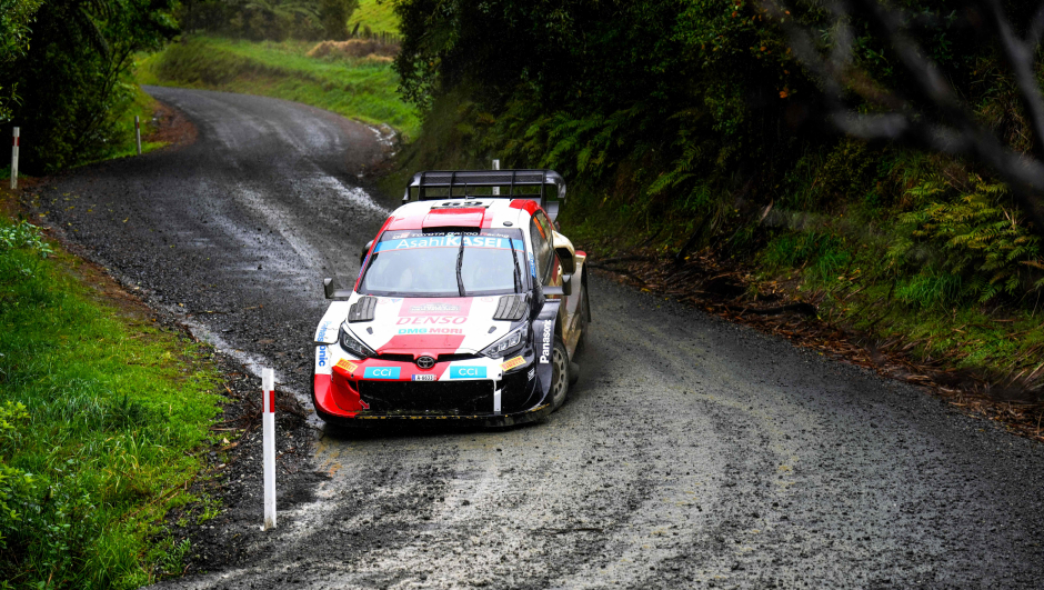 Finland's Kalle Rovanpera and his co-driver Jonne Halttunen drive their Gr Yaris Rally 1 Hybrid during SS9 of the Rally New Zealand, the 11th round of the FIA World Rally Championship, in Puhoi in the outskirts of Auckland on October 01, 2022. (Photo by John COWPLAND / AFP)