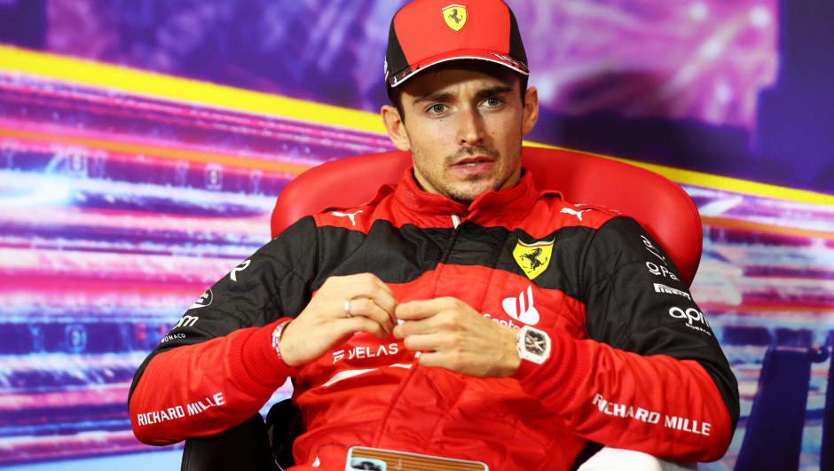 SINGAPORE, SINGAPORE - OCTOBER 02: Second placed Charles Leclerc of Monaco and Ferrari attends the press conference after the F1 Grand Prix of Singapore at Marina Bay Street Circuit on October 02, 2022 in Singapore, Singapore. (Photo by Dan Istitene/Getty Images)