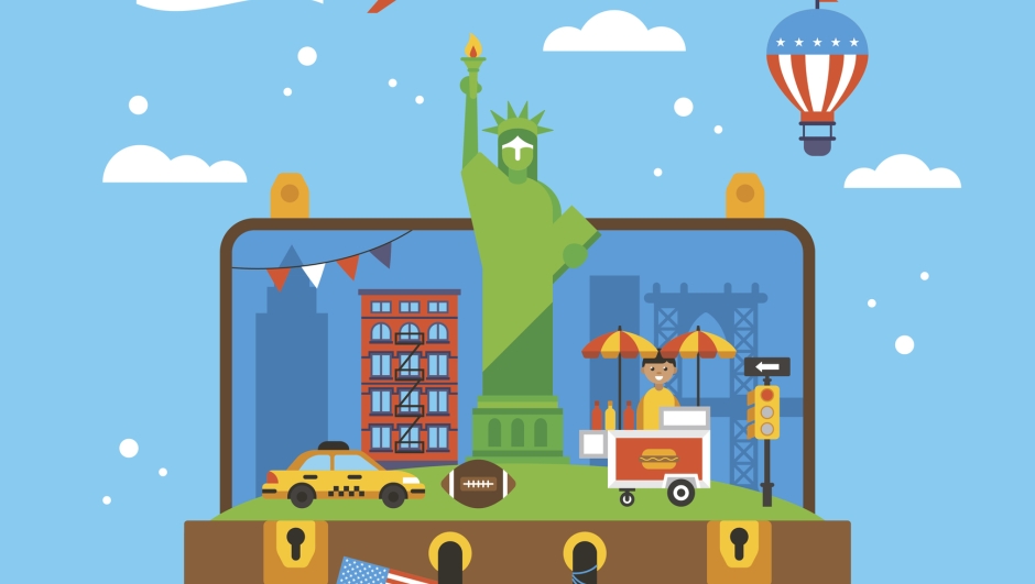 Travel to New York, USA concept with  icons inside suitcase. Flat elements for web graphics and design. Isolated vector illustration