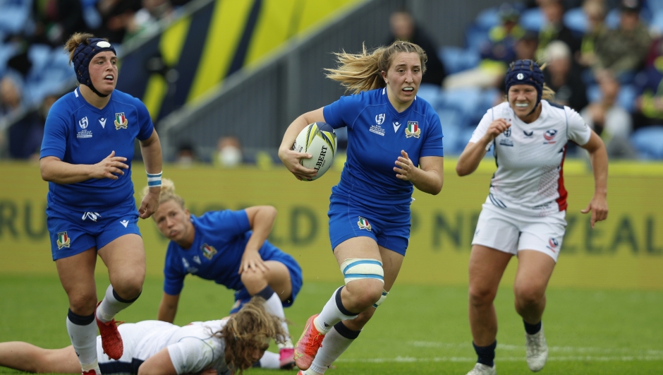 WHANGAREI, NEW ZEALAND - OCTOBER 09: Francesca Sgorbini of Italy in action during the Pool B Rugby World Cup 2021 New Zealand match between the United States and Italy at Northland Events Centre on October 09, 2022, in Whangarei, New Zealand. (Photo by Greg Bowker/Getty Images)