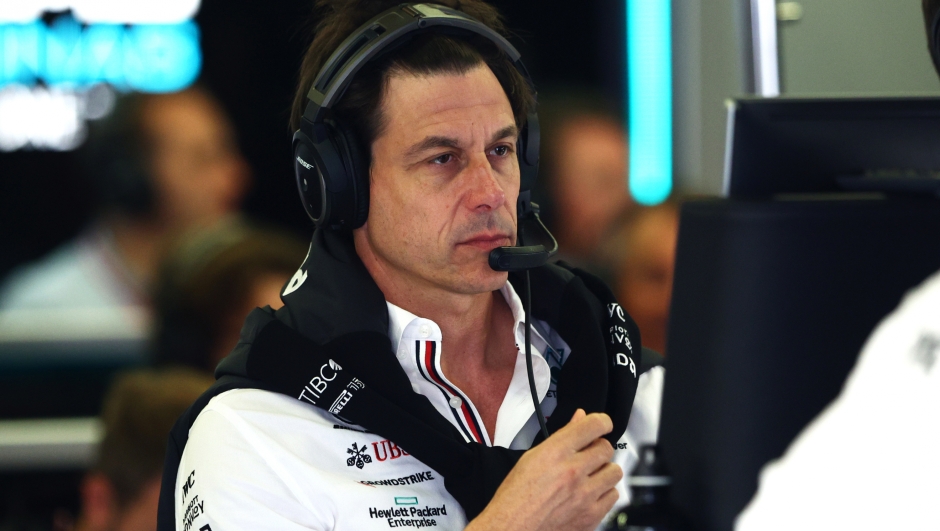 SPIELBERG, AUSTRIA - JULY 09: Mercedes GP Executive Director Toto Wolff looks on in the garage during practice ahead of the F1 Grand Prix of Austria at Red Bull Ring on July 09, 2022 in Spielberg, Austria. (Photo by Clive Rose/Getty Images)
