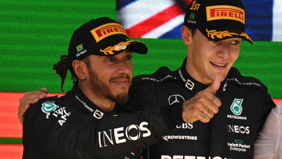 Hamilton e Russell sul podio in Brasile. AFP