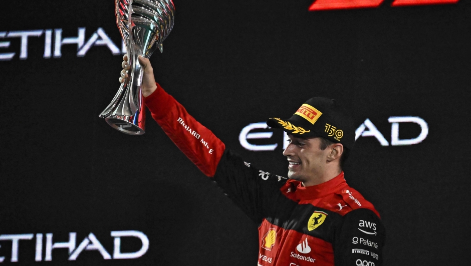 La gioia di Leclerc sul podio di Abu Dhabi. AFP