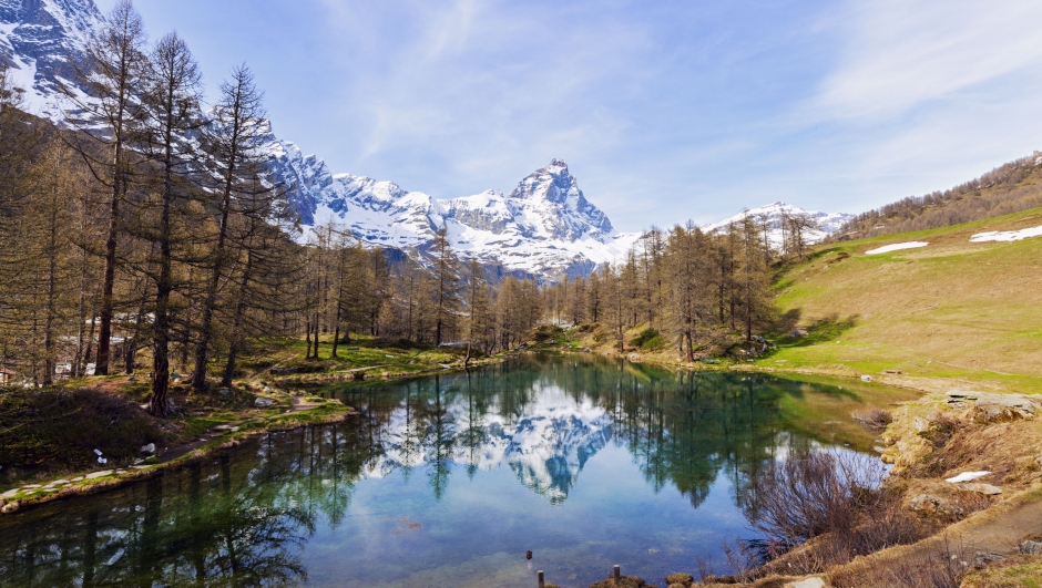 Matterhorn reflected in Blue Lake Breuil-Cervinia, Aosta Valley, Italy.