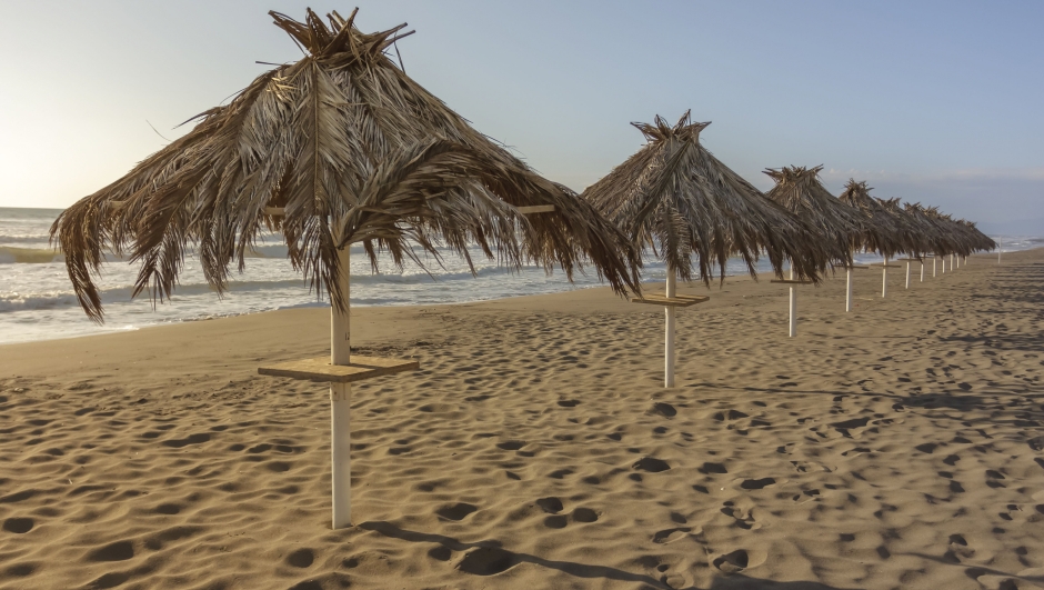 Tropical parasol at Metaponto beach Basilicata, in Italy to mean a concept of tourism