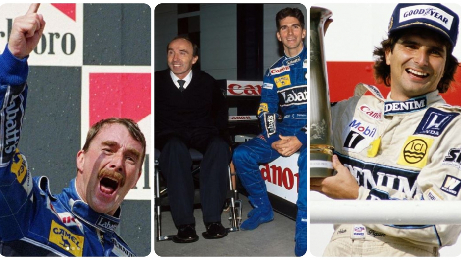 Frank Williams e tre "suoi" campioni del mondo: Mansell, Hill e Piquet