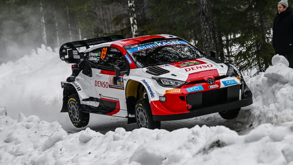 UMEA, SWEDEN - FEBRUARY 09:  Kalle Rovanpera of Finland and Jonne Halttunen of Finland compete in their Toyota Gazoo Racing WRT Toyota GR Yaris Rally1 Hybrid during Day One of the FIA World Rally Championship Sweden on February 9, 2023 in Umea, Sweden.  (Photo by Massimo Bettiol/Getty Images)