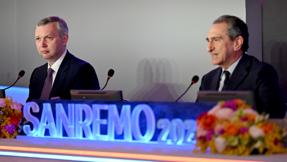 Ukrainian Ambassador to Italy, Yaroslav Melnyk (L), and Carlo Fuortes, CEO of RAI, during a press conference on the occasion of the 73rd Sanremo Italian Song Festival, in Sanremo, Italy, 11 February 2023. The music festival will run from 07 to 11 February 2023.  ANSA/ETTORE FERRARI