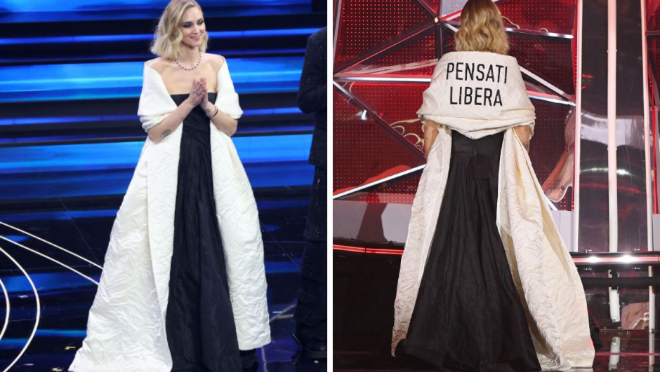 Chiara Ferragni abito manifesto Dior Sanremo