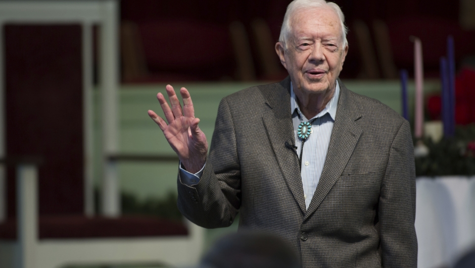 FILE - Former President Jimmy Carter teaches during Sunday School class at Maranatha Baptist Church in his hometown, Sunday, Dec. 13, 2015, in Plains, Ga.  The Carter Center says Carter has entered home hospice care, Saturday, Feb. 18, 2023. The foundation created by the 98-year-old former president says that after a series of short hospital stays, Carter ?decided to spend his remaining time at home with his family and receive hospice care instead of additional medical intervention." (AP Photo/Branden Camp)