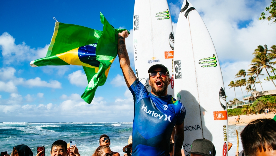 OAHU, HAWAII - FEBRUARY 19: WSL Champion Filipe Toledo of Brazil after winning the Hurley Pro Sunset Beach on February 19, 2023 at Oahu, Hawaii. (Photo by Brent Bielmann/World Surf League)