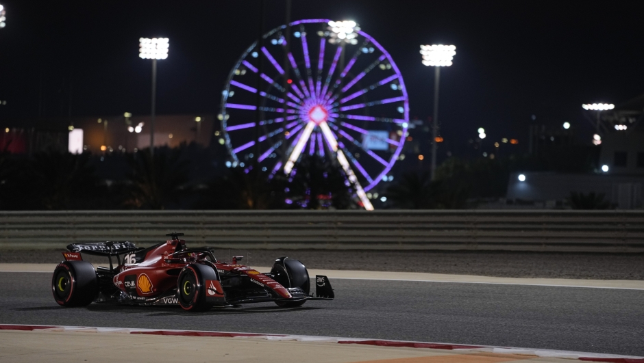 Ferrari driver Charles Leclerc of Monaco in action during practice for the Bahrain Grand Prix in Sakhir, Friday, March 3, 2023. (AP Photo/Ariel Schalit