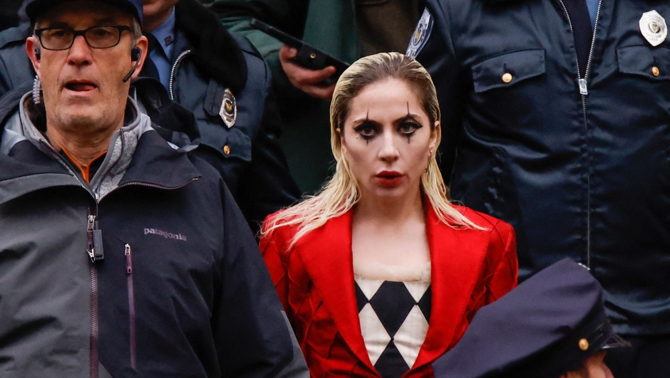 Lady Gaga performs during the shooting of the movie "Joker: Folie à Deux" in New York on March 25, 2023. (Photo by KENA BETANCUR / AFP)