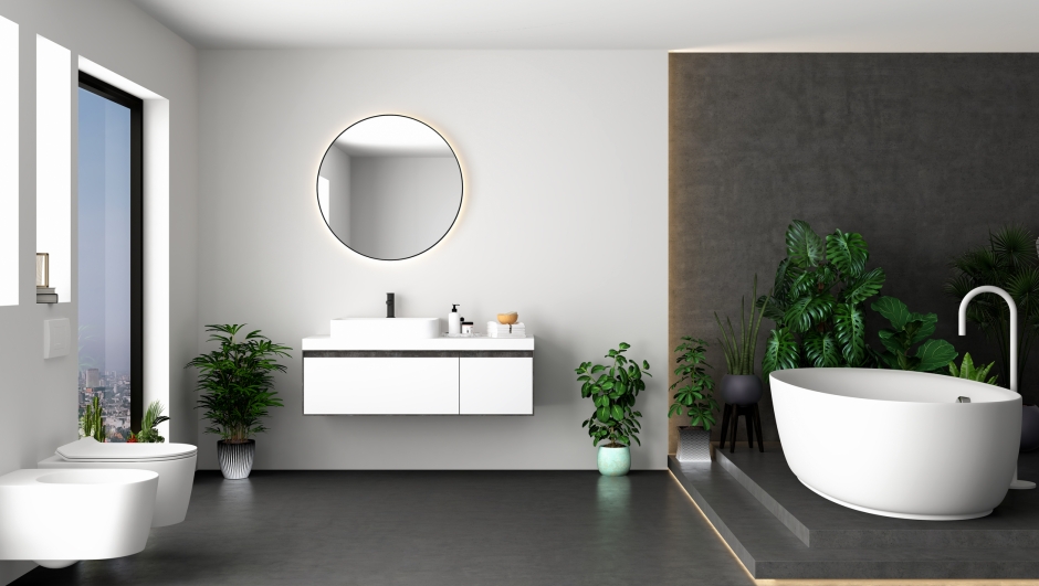 Minimalist bathroom interior with concrete floor, white wall background, beautiful plants, white bathtub, white toilet, front view. Minimalist bathroom with modern furniture. 3D rendering
