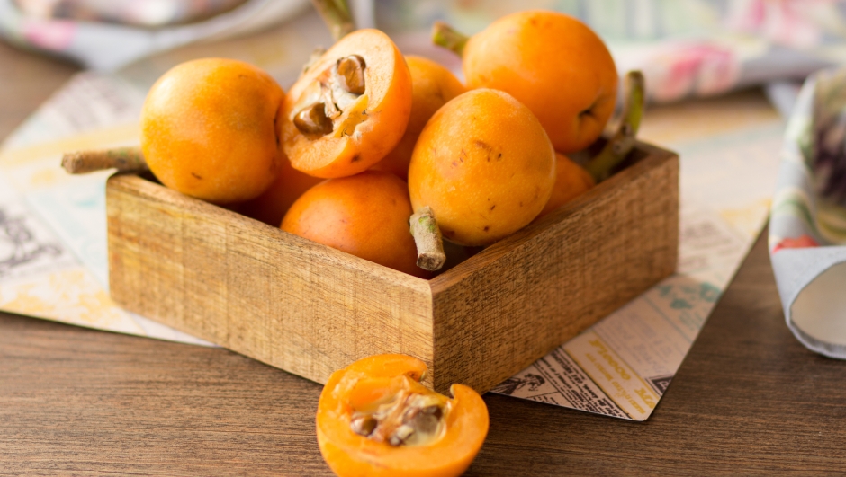 loquats on kitchen counter background