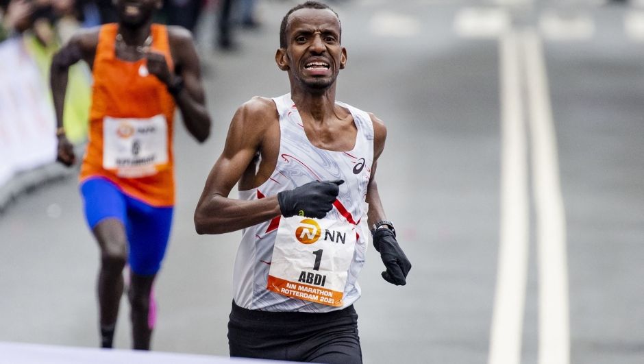 CORRECTION / Belgium's Bashir Abdi competes to clock 2:03:47, winning the NN Rotterdam Marathon in  on April 16, 2023 in Rotterdam. (Photo by Sem van der Wal / ANP / AFP) / Netherlands OUT / The erroneous mention[s] appearing in the metadata of this photo by Sem van der Wal has been modified in AFP systems in the following manner: [2:03:47] instead of [2:03:36].. Please immediately remove the erroneous mention[s] from all your online services and delete it (them) from your servers. If you have been authorized by AFP to distribute it (them) to third parties, please ensure that the same actions are carried out by them. Failure to promptly comply with these instructions will entail liability on your part for any continued or post notification usage. Therefore we thank you very much for all your attention and prompt action. We are sorry for the inconvenience this notification may cause and remain at your disposal for any further information you may require.