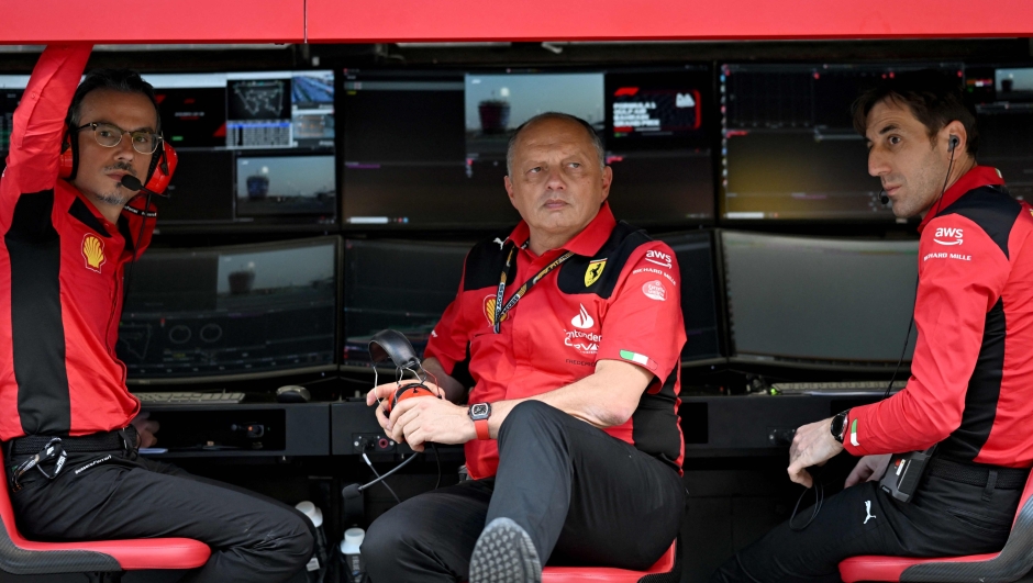 Ferrari's French team principal Frédéric Vasseur (C) watches the Bahrain Formula One Grand Prix at the Bahrain International Circuit in Sakhir on March 5, 2023. (Photo by ANDREJ ISAKOVIC / AFP)