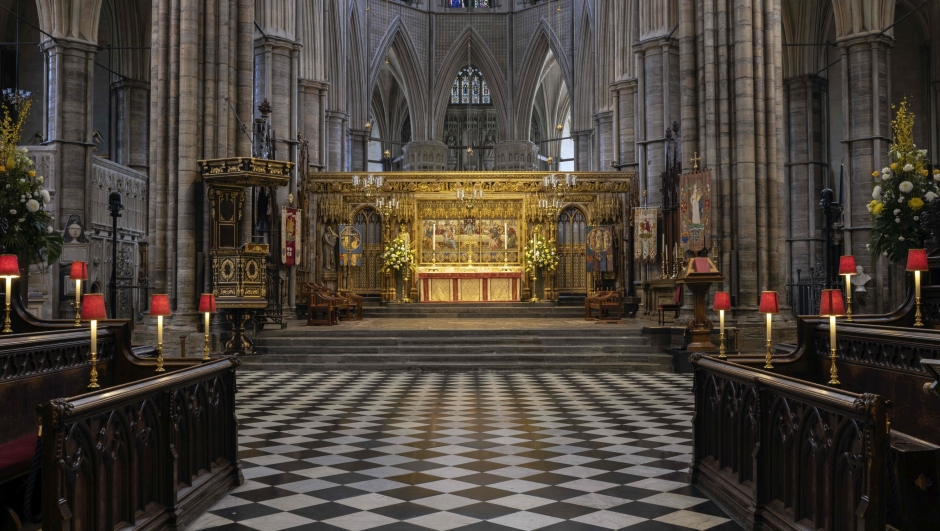 A general view inside Westminster Abbey in London, Wednesday, April 12, 2023, ahead of the King\'s coronation. Westminster Abbey has been used as Britain\'s coronation church since William the Conqueror in 1066, with the exception of kings Edward V and Edward VIII, who were not crowned. King Charles III will be the 40th reigning monarch to be crowned there during a ceremony on May 6, 2023. (Dan Kitwood/Pool Photo via AP)