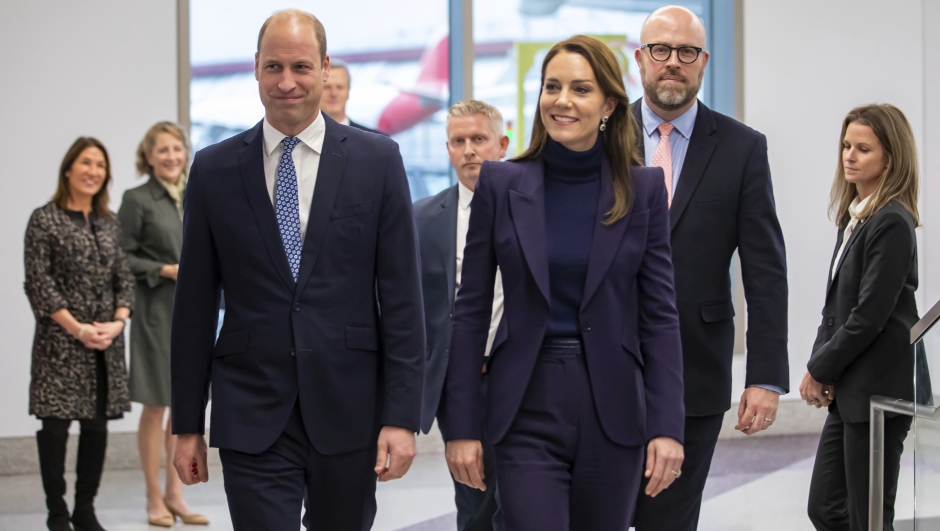 In this photo provided by the Massachusetts Governor's Press Office, Britain's Prince William, and Kate, Princess of Wales, arrive at Boston Logan International Airport on Wednesday, Nov. 30, 2022, in Boston. The Prince and Princess of Wales are making their first overseas trip since the death of Queen Elizabeth II in September. (Joshua Qualls/Massachusetts Governor's Press Office via AP)