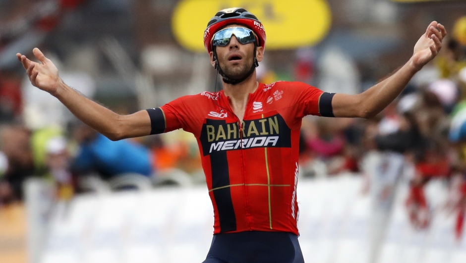 Italy's Vincenzo Nibali celebrates as he crosses the finish line to win the twentieth stage of the Tour de France cycling race over 59,5 kilometers (36,97 miles) with start in Albertville and finish in Val Thorens, France, Saturday, July 27, 2019. (AP Photo/Christophe Ena)