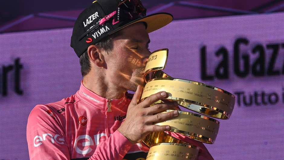 Slovenian rider and winner Primoz Roglic, kisses the trophy after winning the 2023 Giro d'Italia cycling race, Rome, Italy, 28 May 2023. ANSA/RICCARDO ANTIMIANI