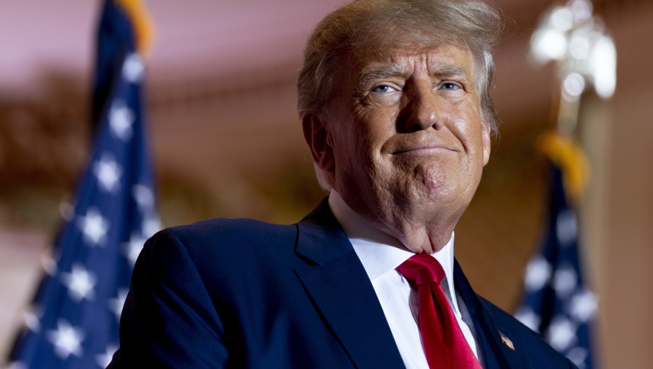 FILE - Former President Donald Trump announces he is running for president for the third time as he smiles while speaking at Mar-a-Lago in Palm Beach, Fla., Nov. 15, 2022. (AP Photo/Andrew Harnik, File)
