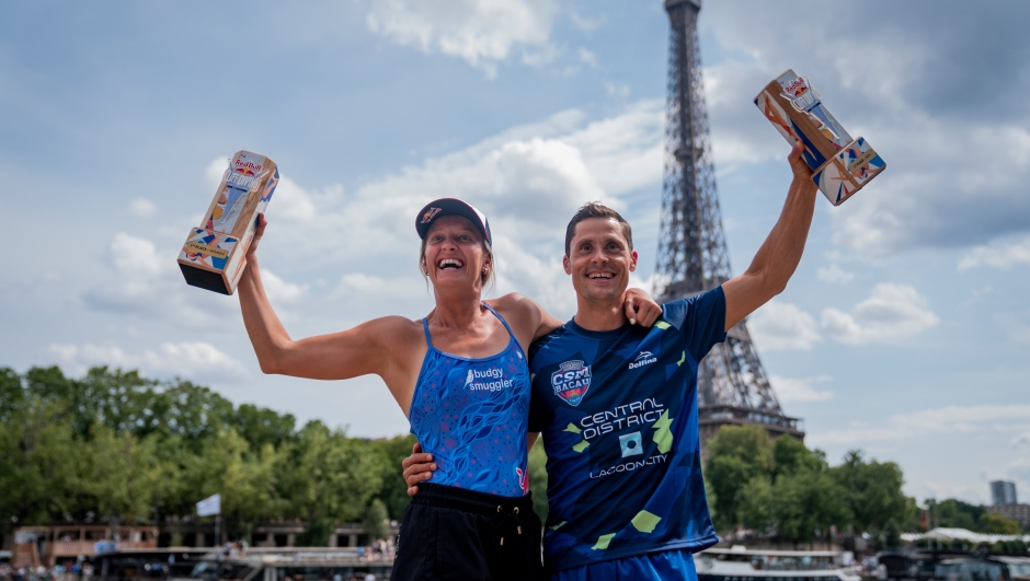 Rhiannan Iffland of Australia and Constantin Popovici of Romania enjoying the win during the finale competition day of the second stop of the Red Bull Cliff Diving World Series in Paris, France June 18. 2023. // Baptiste Fauchille / Red Bull Content Pool // SI202306180529 // Usage for editorial use only //