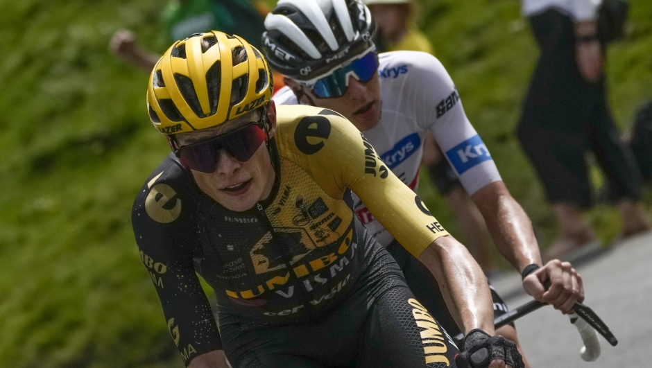 Denmark's Jonas Vingegaard leads Slovenia's Tadej Pogacar during the sixth stage of the Tour de France cycling race over 145 kilometers (90 miles) with start in Tarbes and finish in Cauterets-Cambasque, France, Thursday, July 6, 2023. (AP Photo/Thibault Camus)