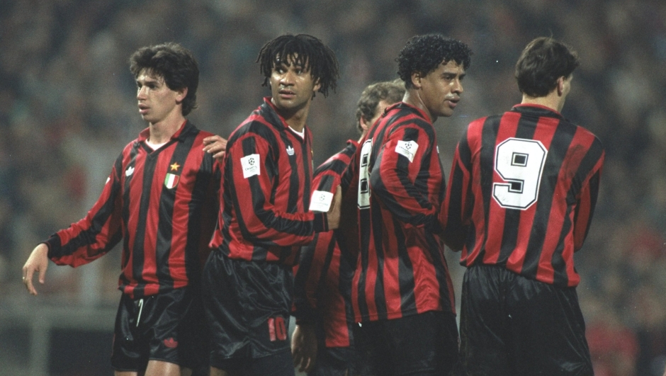 9 Dec 1992:   AC Milan Players Demetrio Albertini, Ruud Gullit, Frank Rijkaard and Marco Van Basten form a wall in the European Cup match  against PSV Eindhoven. AC Milan won the match 2-1. \ Mandatory Credit: Chris  Cole/Allsport