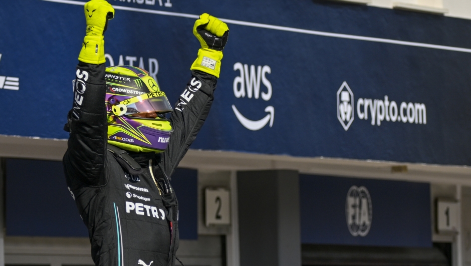 British Formula One driver Lewis Hamilton of Mercedes-AMG Petronas celebrates after clocked the fastest time during the qualifying session ahead of Sunday's Formula One Hungarian Grand Prix auto race, at the Hungaroring racetrack in Mogyorod, near Budapest, Hungary, Saturday, July 22, 2023. (AP Photo/Denes Erdos)