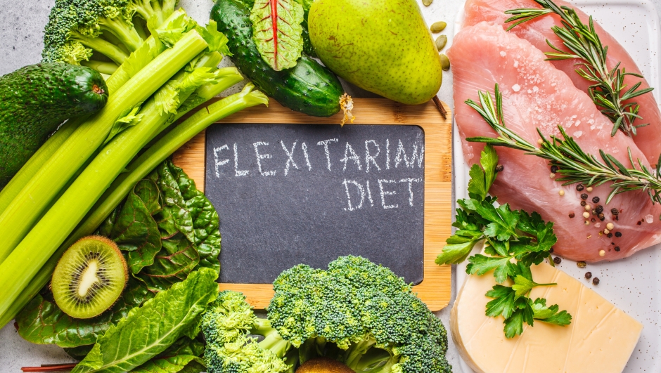 Flexitarian diet background concept, top view. Vegetables, fruits, meat and cheese - a healthy diet.